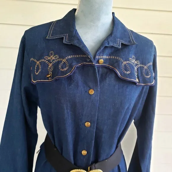 Vintage 70s/early 80s Union Made Forever Young long denim shirt dress western - Picture 2 of 9